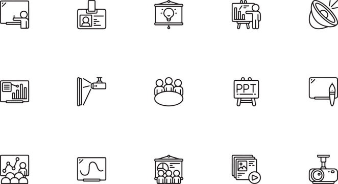 Corporate office business and team meeting outline vector icon set featuring employee identity badges projector screens whiteboard presentations and digital ppt documents