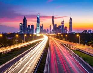 Fototapeta premium Busy highway at twilight with light trails leading to a modern city skyline
