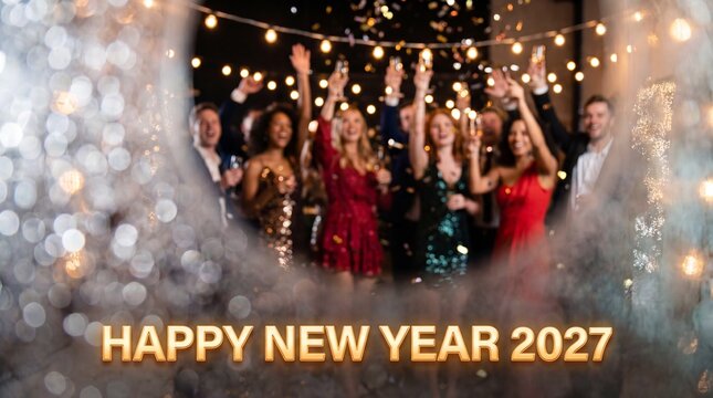 Group of diverse friends celebrating New Year 2027 with confetti. Joyful multicultural partygoers toasting at midnight with sparkling lights.