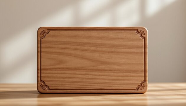 Elegant handcrafted wooden sign with intricate carvings against soft pastel abstract background