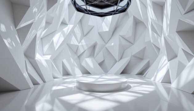 Futuristic interior space with white geometric patterns and modern architectural design