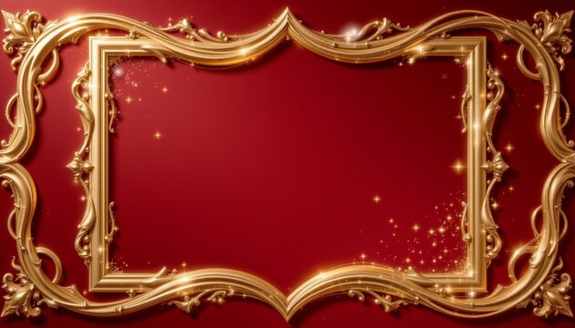 Elegant gold abstract frame with flowing curves against deep crimson background