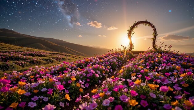 Serene hillside covered with blooming wildflowers and a rustic podium under a starry sky