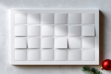 Fototapeta premium Minimal white Christmas advent calendar mockup on wall with ornament and pine branch