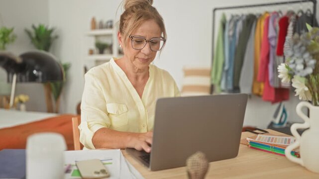Woman types on laptop with hands on keyboard amid fabric swatches, clothing rack and color pencils in studio; focused creativity.