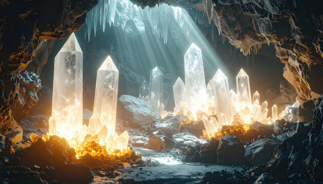 Breathtaking crystal cave formations bathed in divine light, a stunning natural wonder.