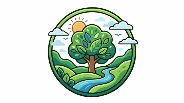 Green tree rolling hills river sun clouds and birds in a circle