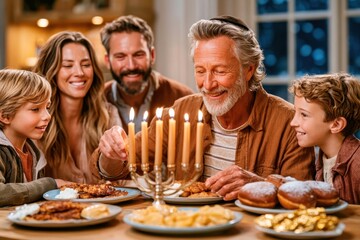 Fototapeta premium Family lighting a menorah together at a warm Hanukkah dinner with smiling grandparents and children