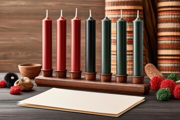 Fototapeta premium Kwanzaa kinara with seven candles on wooden holder surrounded by festive decorations