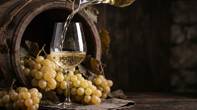 White wine pouring into glass from decanter with rustic wooden barrel and fresh green grapes branch in dark winery cellar background