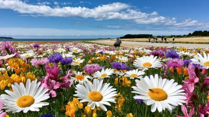 Fototapeta premium Volunteers restoring a coastal wildflower meadow of daisies and colorful blooms under a blue sky