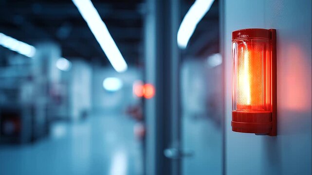 Red emergency alarm light glowing on a wall inside a modern industrial corridor, bright warning beacon with orange-red flare, blurred blue hallway background, industrial safety