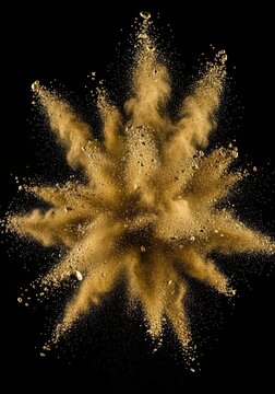 A dramatic close up capture of fine gold colored dust exploding in a dark environment creating smoky abstract shapes, shape, cloud, black background