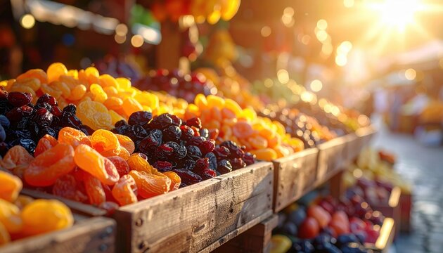 Vibrant assortment of sun-kissed dried fruits displayed in rustic wooden crates at a bustling market