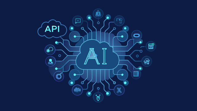 Artificial intelligence illustration with network connections and application programming interface elements blue vector graphic