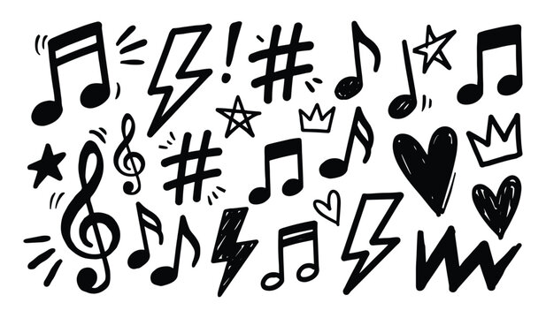 A collection of handdrawn black music notes treble clefs lightning bolts stars hearts and crowns elements on a white background