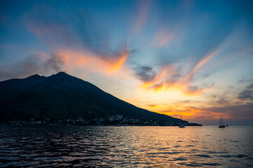 Breathtaking sunset over the Aeolian Islands. The island of Stromboli in all its magnificence between eruptions. © Nicola Simeoni