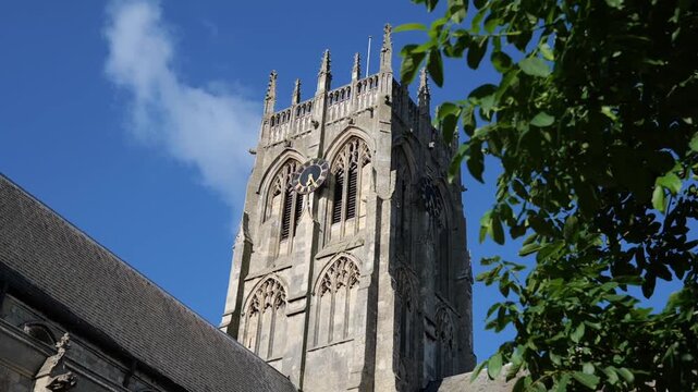 UK village church, low angle, cutaway, parish church. 