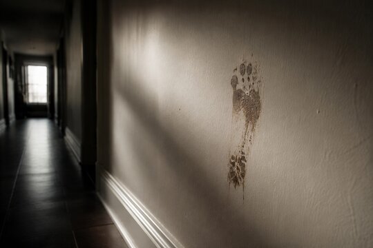 A clear muddy footprint on a clean, empty hallway wall with dramatic light.