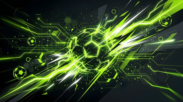 High-speed futuristic soccer ball with bright green energy streaks, symbolizing explosive action, sports technology, motion, competition, gaming, power, and innovation.