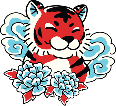 cute japanese smiling tiger lotus flowers