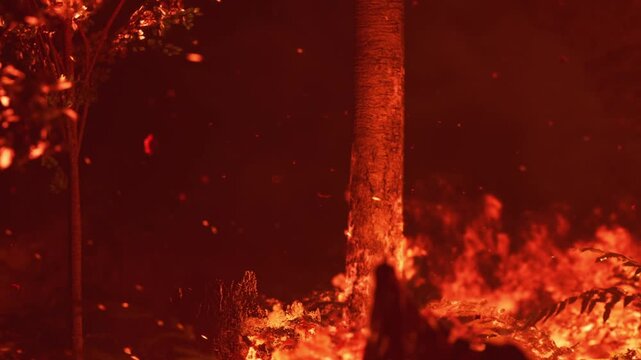 A fire burns in a forest at night. Bright flames rise from the ground. Smoke fills the air. Trees catch fire, creating a dramatic scene. Sparks fly into the sky from the flames.