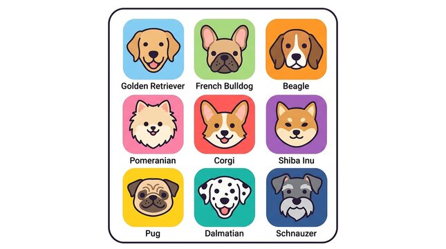 Cartoon dog breeds including Golden Retriever, French Bulldog, and Beagle illustrated in colorful squares on a white background