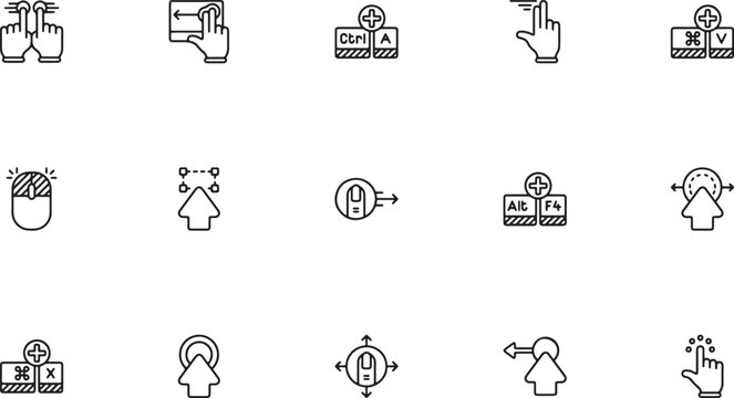 User experience and digital interaction outline vector icons featuring trackpad swipes multi touch gestures cursor dragging commands and application switching