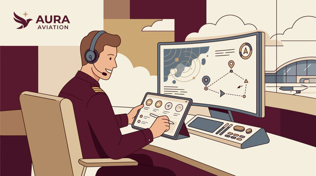Man in headset works on computer with charts at airport control desk.