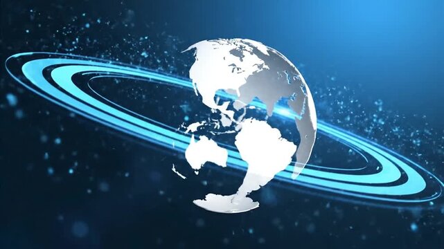 A glowing digital globe connected by bright network lines represents worldwide communication, technology, globalization, connectivity, innovation, and secure information exchange.