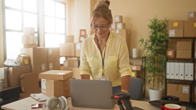 Woman standing smiling, hands on laptop beside stacked parcels in warehouse; entrepreneurial pride success.