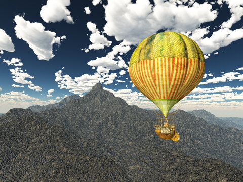 Fantasie Hei&szlig;luftballon &uuml;ber einer Gebirgslandschaft
