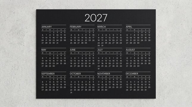 2027 calendar on black background. Minimalist yearly planner for business scheduling.