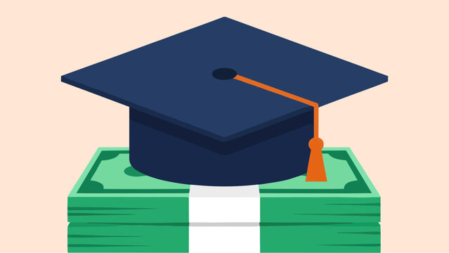 Graduation cap on stack of cash symbolizing education expenses