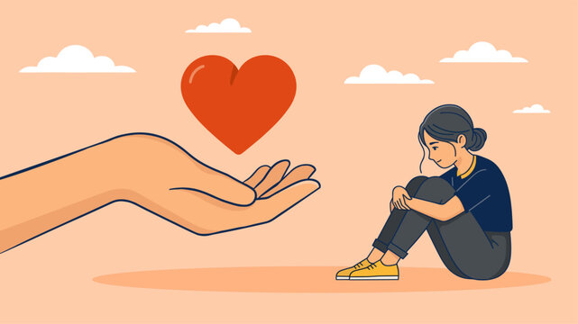 Illustration of a supportive helping hand offering hope to a sad young woman