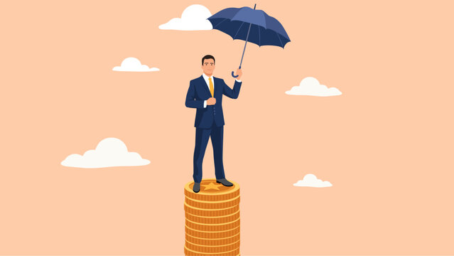 Businessman standing on a stack of coins holding an umbrella against a neutral background