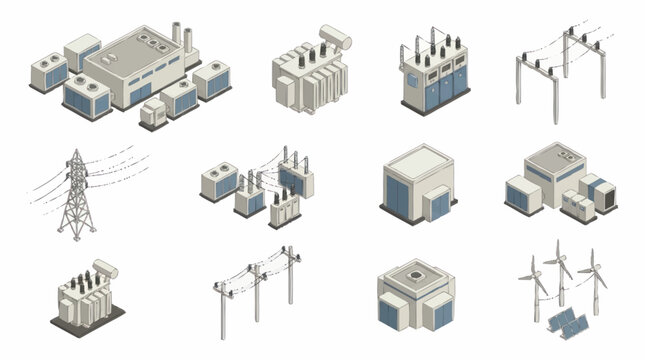 Isometric illustration of power plants and electrical infrastructure.