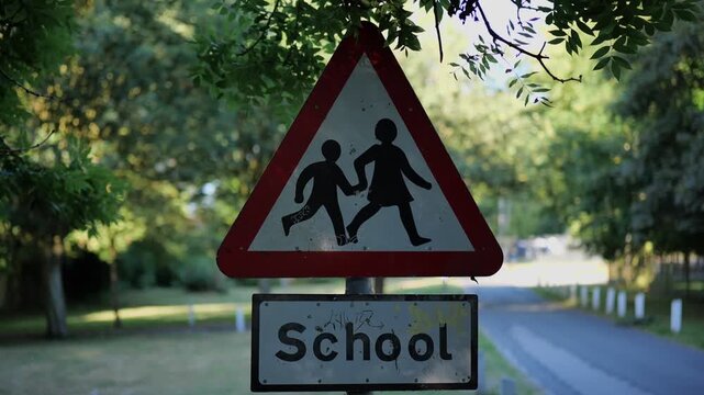 Cutaway shot. UK school crossing sign, warning sign. 