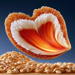 Fototapeta premium Wheat grain macro cross-section shaped like a heart revealing textured golden kernel and white layers