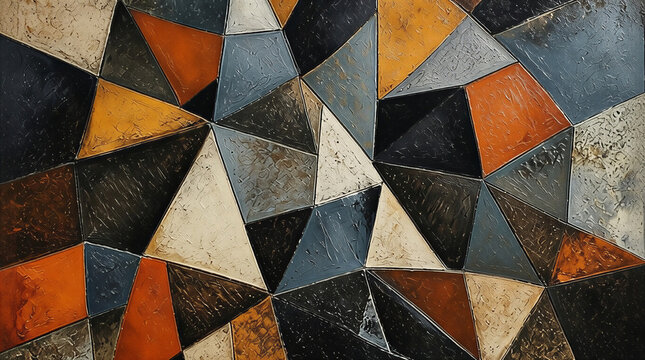  An abstract piece with an aged metal texture. A mosaic of triangles in black, rusty orange, and gray tones. The effect of corrosion and patina is suitable for industrial design or grunge compositions