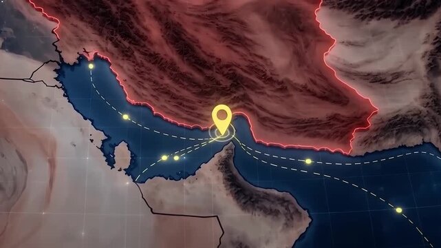 Close-Up Digital 3D Map Focusing on the Persian Gulf Region and Iran with a Yellow Navigation Pin