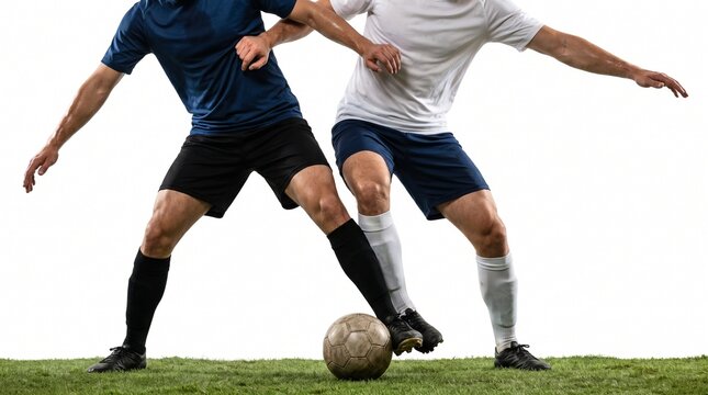 Two anonymous soccer players battling in a ball possession duel isolated on white background