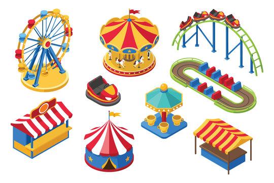 Isometric 3D amusement park icons ferris wheel roller coaster carousel carnival tent swing ride food stall theme park entertainment assets design illustration style elements