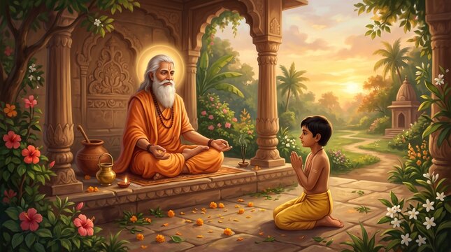 Wise indian sage giving a spiritual blessing to a devoted young student in a traditional cultural guru purnima