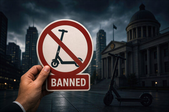 Electric scooter ban sign held by hand in front of dark city municipal buildings highlighting urban e-scooter restrictions bylaws safety accident concerns regulation policy protest concept