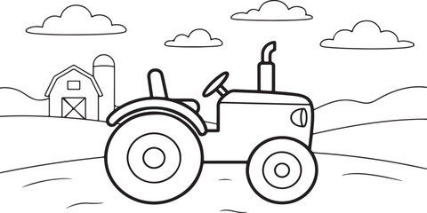 Simple tractor coloring page for children featuring a farm field background with a barn and clouds in a clean black and white outline style line illustration © Nayem