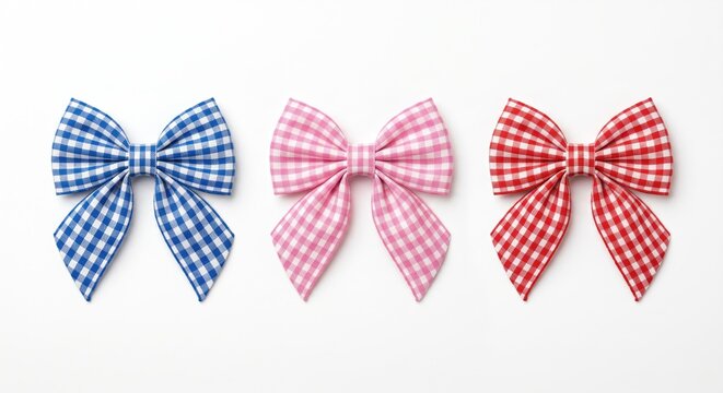 Colorful gingham bows in blue pink and red on white background