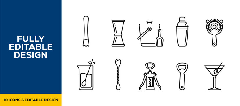 Black ink scribble hand drawn bartender tools icons vector set featuring shaker jigger and bar accessories for mixology branding nightlife drink menu and party event design.