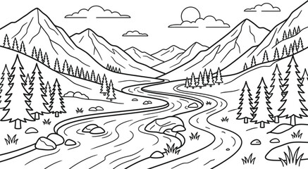 Fototapeta premium Mountain river coloring page book vector trending simple clean line art