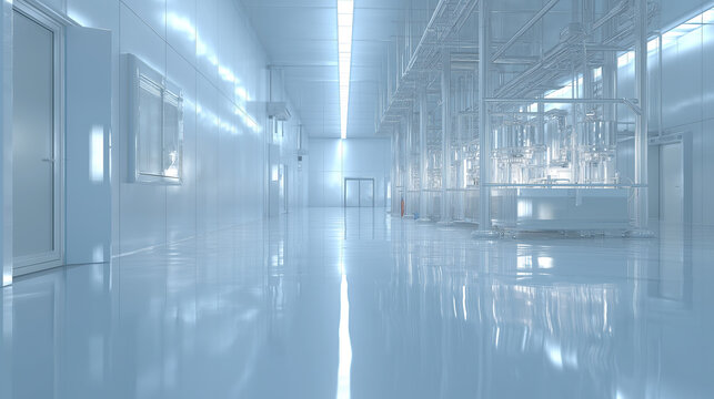 Bright sterile pharmaceutical facility corridor with reflective flooring and industrial piping extends toward distant laboratory equipment.
